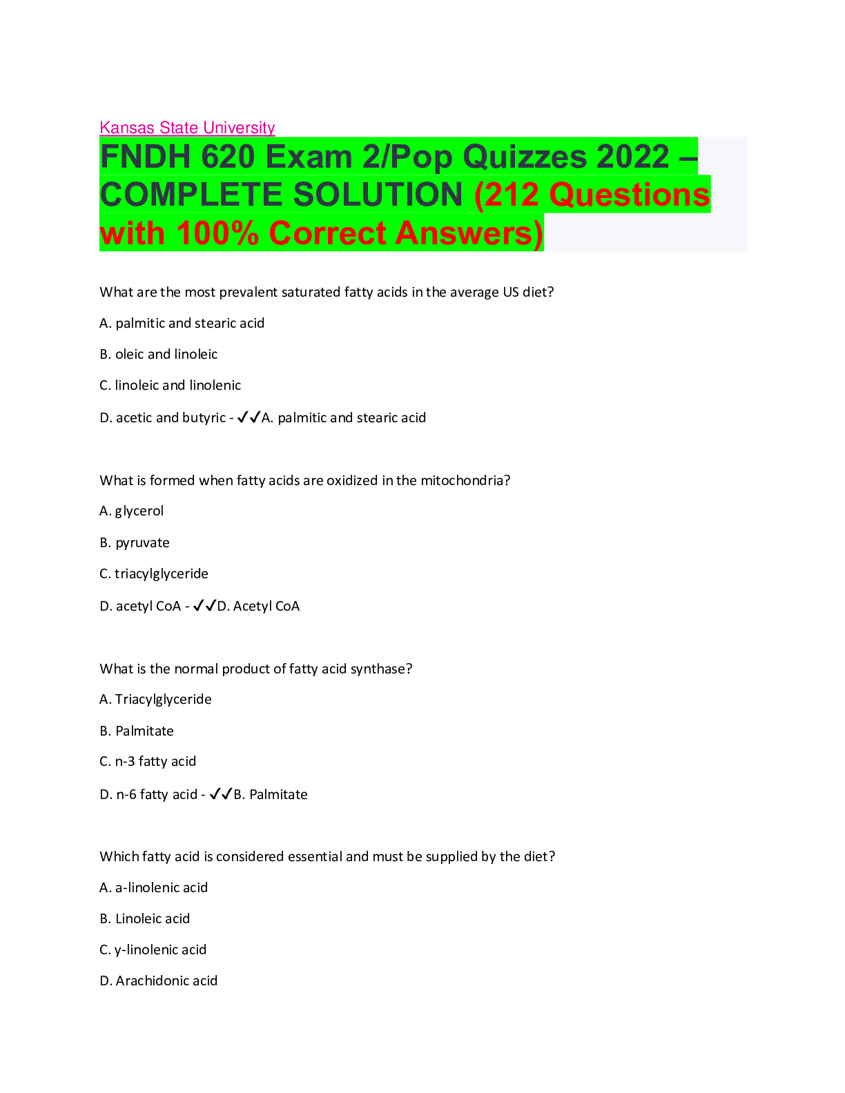 Preview of Kansas State University FNDH 620 Exam 2/Pop Quizzes 2022 – COMPLETE SOLUTION (212 Question